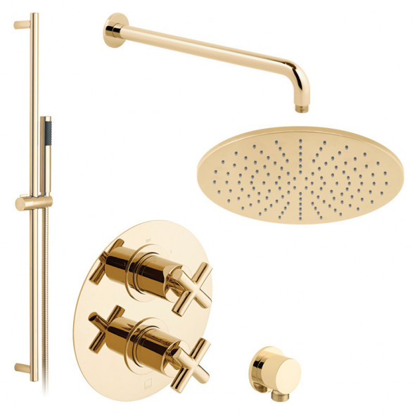Vado Elements kompletny zestaw prysznicowy termostatyczny podtynkowy z deszczownicą 30x30 i drążkiem złoto polerowane IND-SS-ELE2-BG