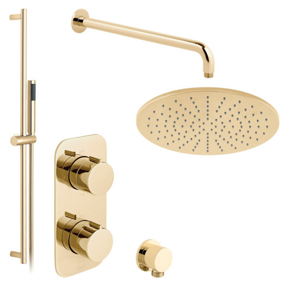 Vado Tablet kompletny zestaw prysznicowy termostatyczny podtynkowy z deszczownicą 30x30 i drążkiem złoto polerowane IND-SS-TAB2-BG