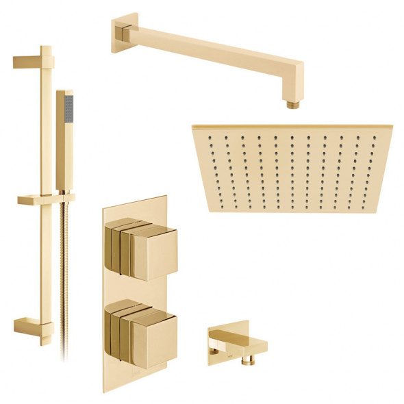 Vado Tablet kompletny zestaw prysznicowy termostatyczny podtynkowy z deszczownicą 30x30 i drążkiem złoto polerowane IND-SS-TAB4-BG
