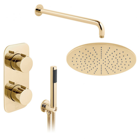 Vado Tablet kompletny zestaw prysznicowy termostatyczny podtynkowy z deszczownicą 30x30 i zestawem punktowym złoto polerowane IND-SS-TAB1-BG