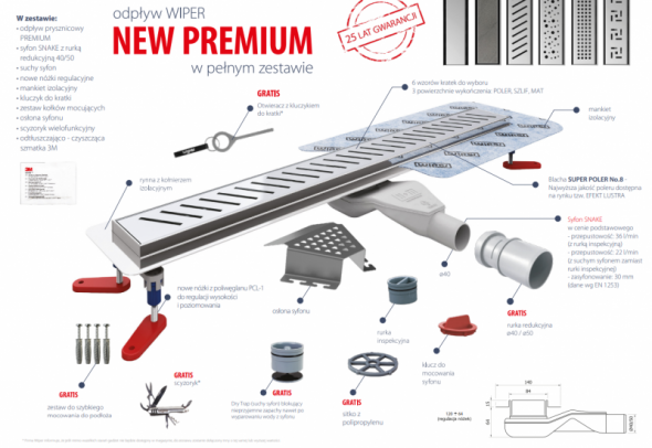 Wiper New Premium Pure kompletny odpływ liniowy  + ruszt zabudowy 50cm stal poler 100.1973.01.050