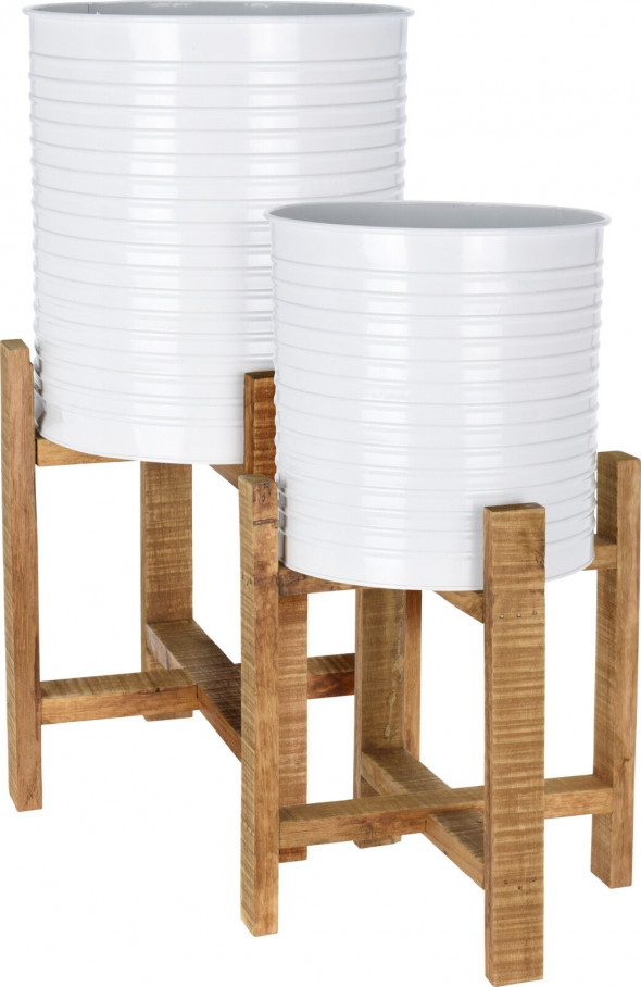 Doniczka stalowa na drewnianym stojaku DS02 Ø 28x58 cm biała