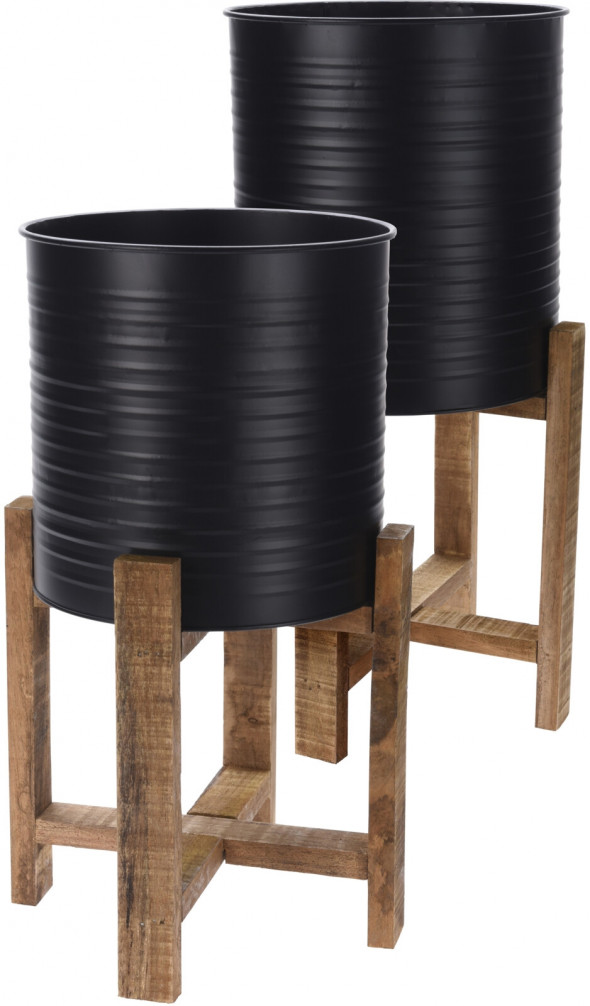 Doniczka stalowa na drewnianym stojaku  mała