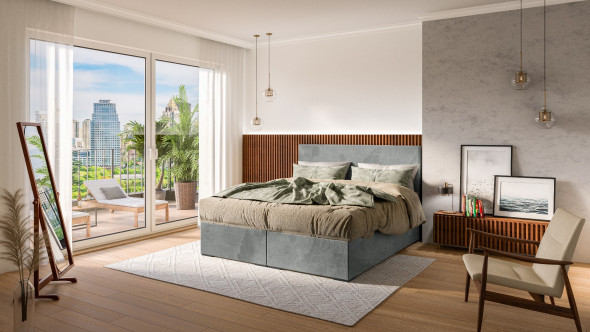 Łóżko kontynentalne MANHATTAN 140x200 zielone velvet z pojemnikiem