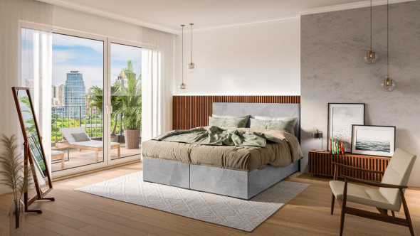 Łóżko kontynentalne MANHATTAN 160x200 jasno szare velvet z pojemnikiem