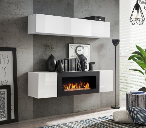 Meblościanka FLY N1 biały połysk/biały mat z biokominkiem