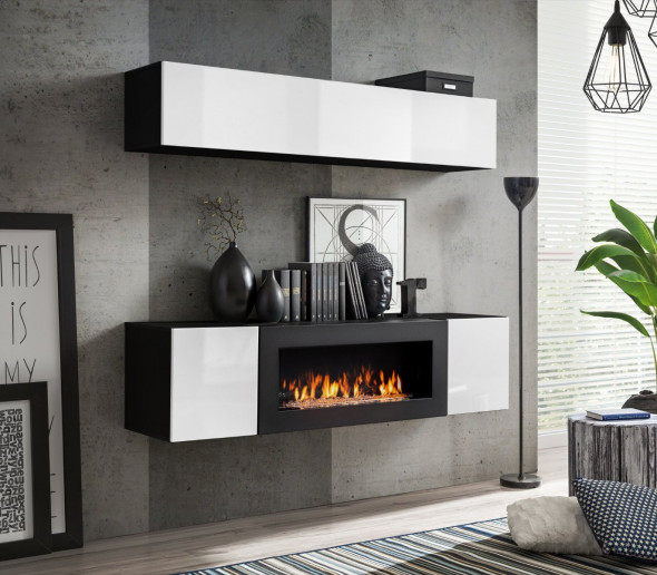 Meblościanka FLY N1 biały połysk/czarny mat z biokominkiem