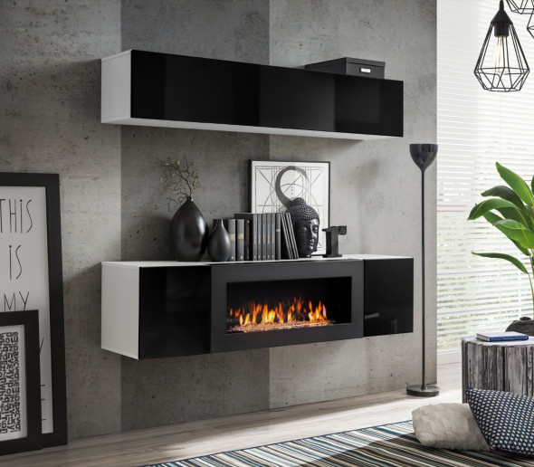 Meblościanka FLY N1 czarny połysk/biały mat z biokominkiem