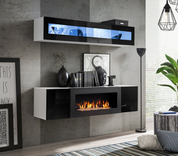 Meblościanka FLY N2 czarny połysk/biały mat z biokominkiem