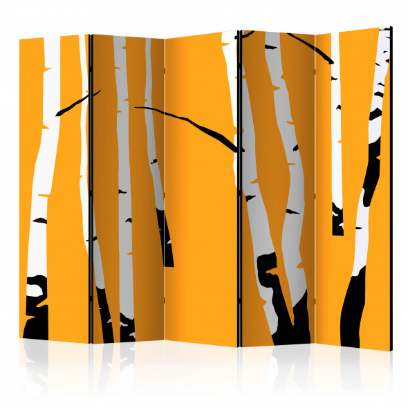 Parawan 5-częściowy - Birches on the orange background II [Room Dividers]