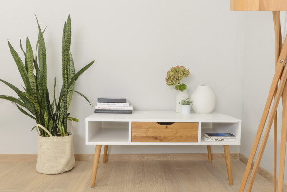 Stolik kawowy BOX dąb lity/biały mat