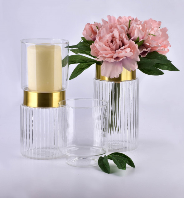 Świecznik szklany SERENITE CLEAR ⌀10x24 cm transparentny/złoty