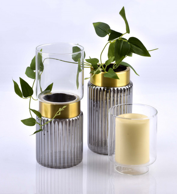Świecznik szklany SERENITE GREY ⌀10x28,5 cm szary/złoty