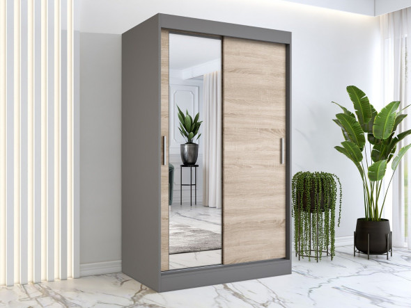 Szafa przesuwna MODUO COMFORT 120 antracyt/dąb sonoma z lustrem po lewej