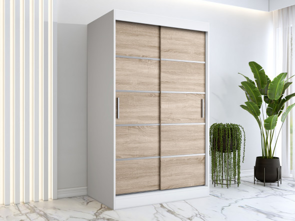 Szafa przesuwna MODUO COMFORT 120 biała mat/dąb sonoma z listwami