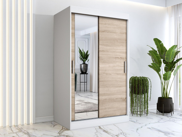 Szafa przesuwna MODUO COMFORT 120 biała mat/dąb sonoma z lustrem po lewej