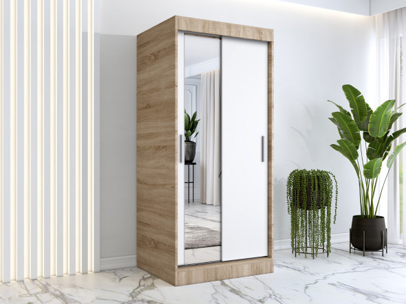 Szafa przesuwna MODUO COMFORT 120 dąb sonoma/biała mat z lustrem po lewej