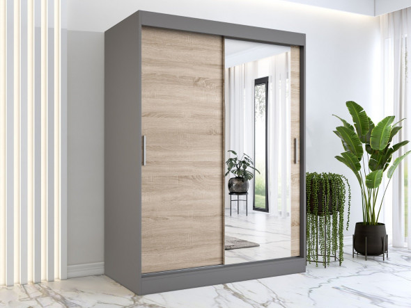 Szafa przesuwna MODUO COMFORT 150 antracyt/dąb sonoma z lustrem po prawej