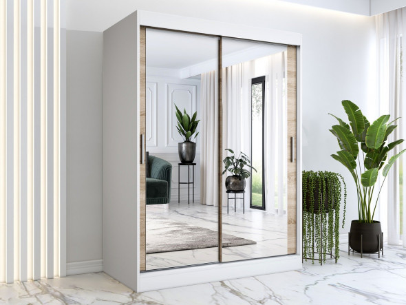 Szafa przesuwna MODUO COMFORT 150 biała mat/dąb sonoma z dwoma lustrami