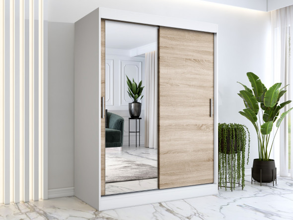 Szafa przesuwna MODUO COMFORT 150 biała mat/dąb sonoma z lustrem po lewej