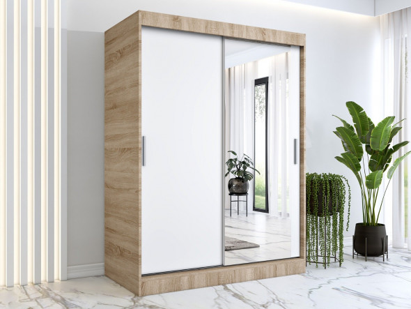Szafa przesuwna MODUO COMFORT 150 dąb sonoma/biała mat z lustrem po prawej