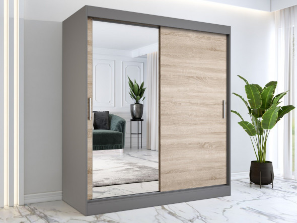 Szafa przesuwna MODUO COMFORT 180 antracyt/dąb sonoma z lustrem po lewej