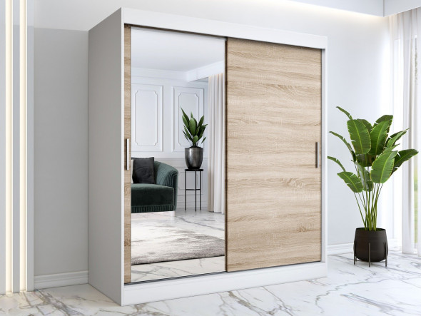 Szafa przesuwna MODUO COMFORT 180 biała mat/dąb sonoma z lustrem po lewej