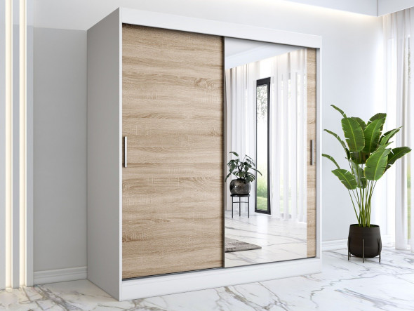 Szafa przesuwna MODUO COMFORT 180 biała mat/dąb sonoma z lustrem po prawej