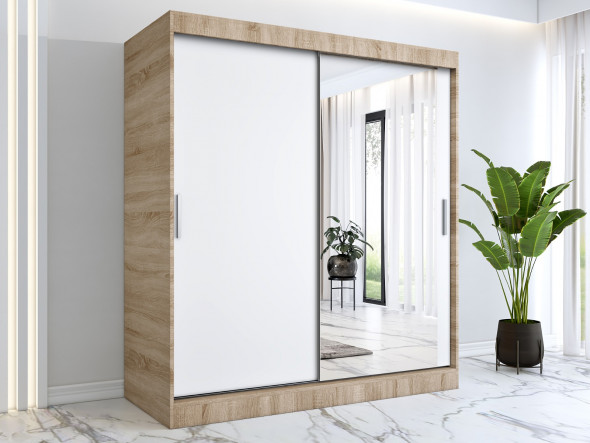 Szafa przesuwna MODUO COMFORT 180 dąb sonoma/biała mat z lustrem po prawej