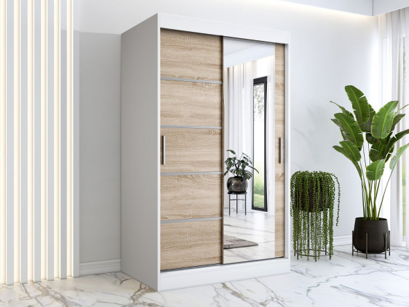 Szafa przesuwna MODUO COMFORT 2 120 biała mat/dąb sonoma z lustrem