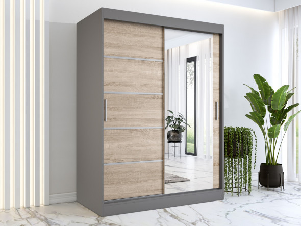 Szafa przesuwna MODUO COMFORT 2 150 antracyt/dąb sonoma z lustrem