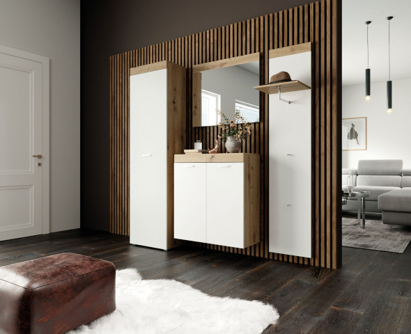 Szafa + szafka na buty + wieszak z lustrem P-010 dąb artisan/biały