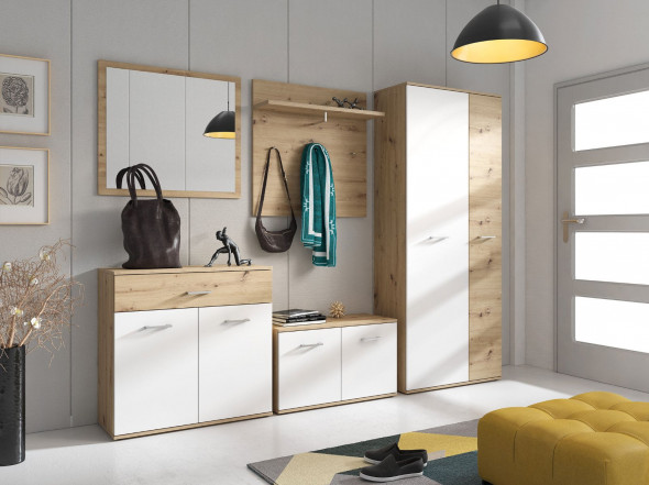 Szafa + szafka na buty + wieszak z lustrem P-011 dąb artisan/biały
