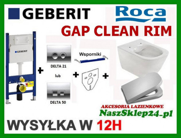 GEBERIT STELAŻ UP100 kpl. + MISKA WISZĄCA  ROCA GAP CLEAN RIM + DESKA WOLNOOP. WYPINANA + PRZYCISK DELTA 50 LUB 21 + MATA GRATIS 111.153.00.1+A34647L-