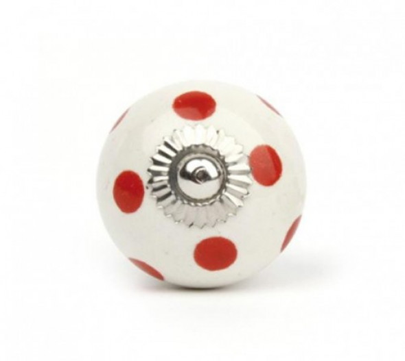 Gałka do mebli Kula biała w kropki czerwone duża