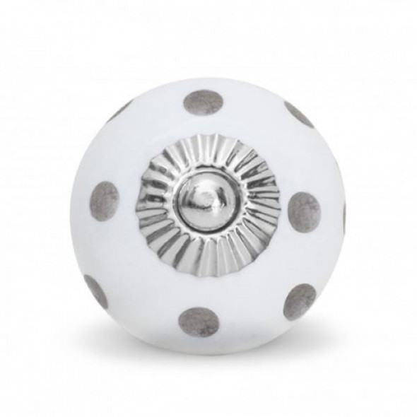 Gałka do mebli Kula biała w kropki srebrne duża