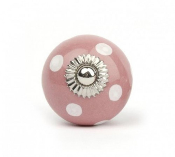 Gałka do mebli Kula różowa w kropki białe duża