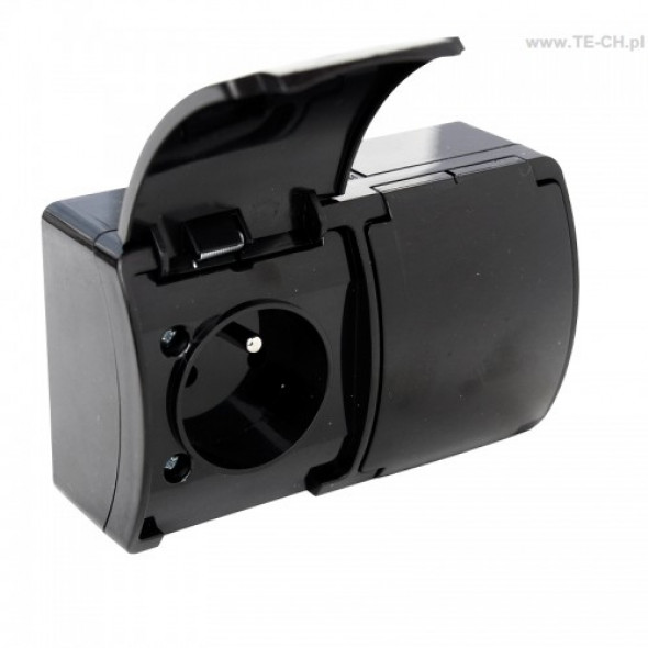 Gniazdo podwójne z bolcem klapką czarne 162-05