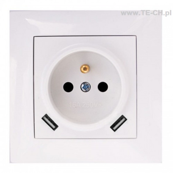 Gniazdo pojedyncze z bolcem 2 x USB białe
