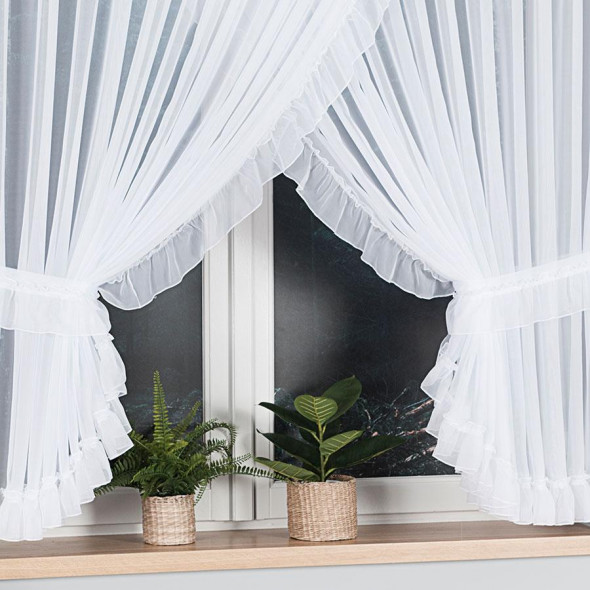 Firanka z falbaną szyta z woalu TAMARA - 160x400 cm - biały