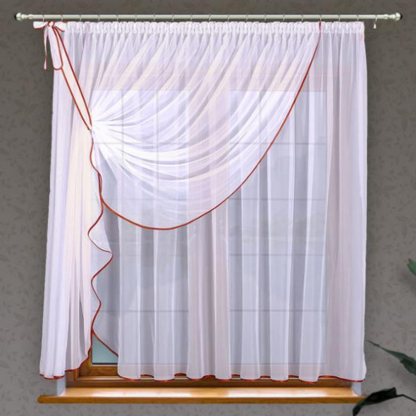 Firanka z lamówką szyta z woalu ELVIRA - 160x360 cm - biały/czerwony