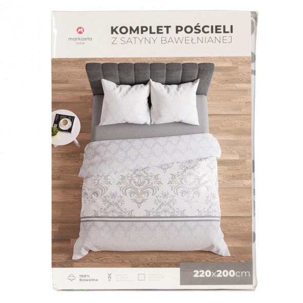 Komplet pościeli z satyny bawełnianej ALEXIS - 160x200 cm - biały/szary