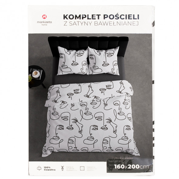 Komplet pościeli z satyny bawełnianej FALINE - 220x200 cm - biały/czarny