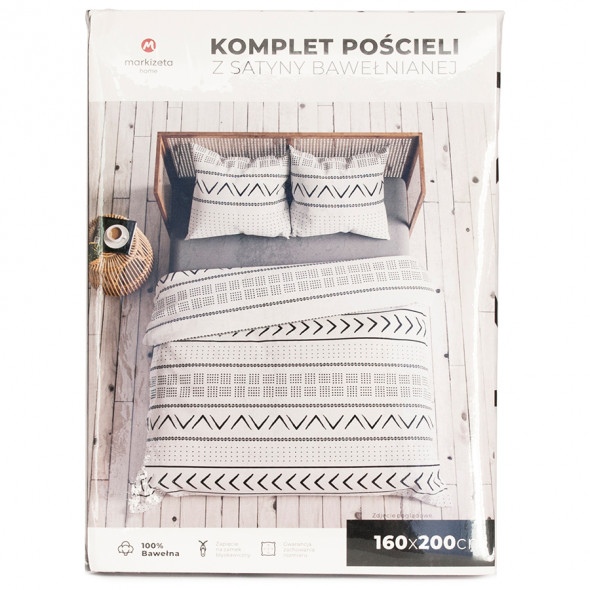 Komplet pościeli z satyny bawełnianej GAJA - 160x200 cm - biały/czarny