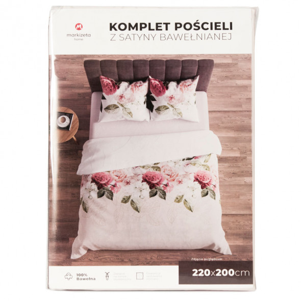 Komplet pościeli z satyny bawełnianej GOLDEN - 160x200 cm - kremowy/zielony/różowy