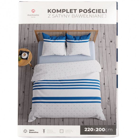 Komplet pościeli z satyny bawełnianej MARINA - 160x200 cm - biały/granatowy