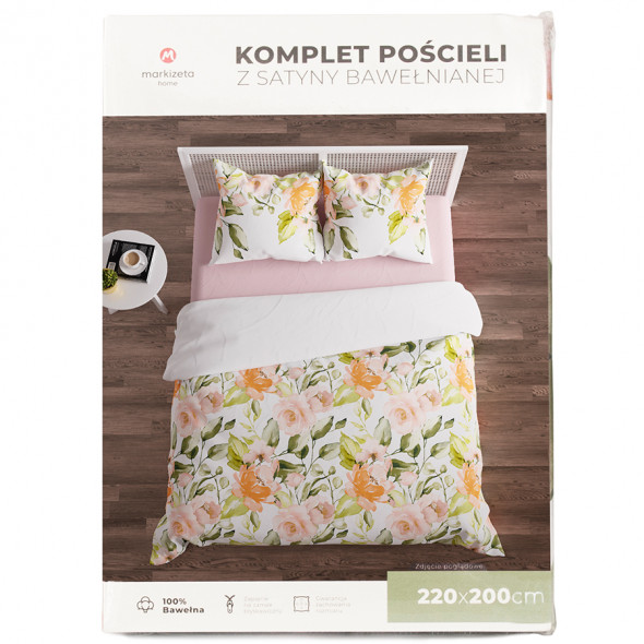 Komplet pościeli z satyny bawełnianej ROSANA - 220x200 cm - biały/pomarańczowy/zielony
