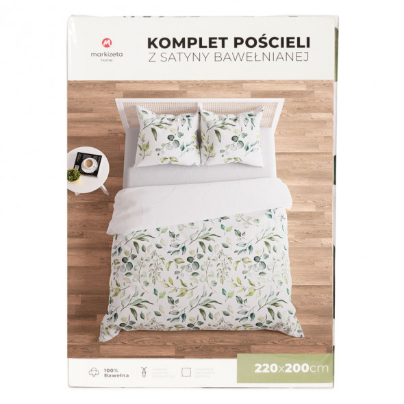 Komplet pościeli z satyny bawełnianej SAMSUN - 160x200 cm - biały/zielony