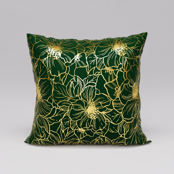Poszewka dekoracyjna ADRIA - 40x40 cm - ciemny zielony butelkowy ze złotym nadrukiem