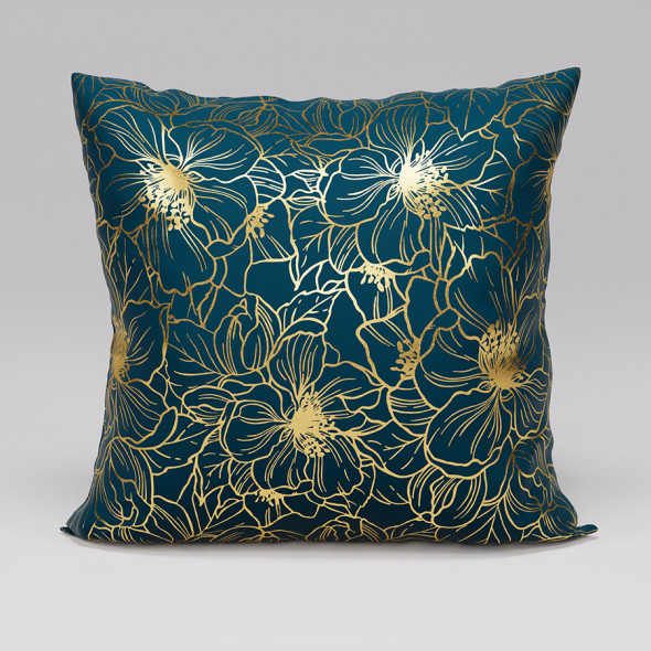Poszewka dekoracyjna ADRIA - 45x45 cm - ciemny turkusowy petrol ze złotym nadrukiem